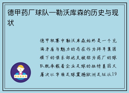 德甲药厂球队—勒沃库森的历史与现状